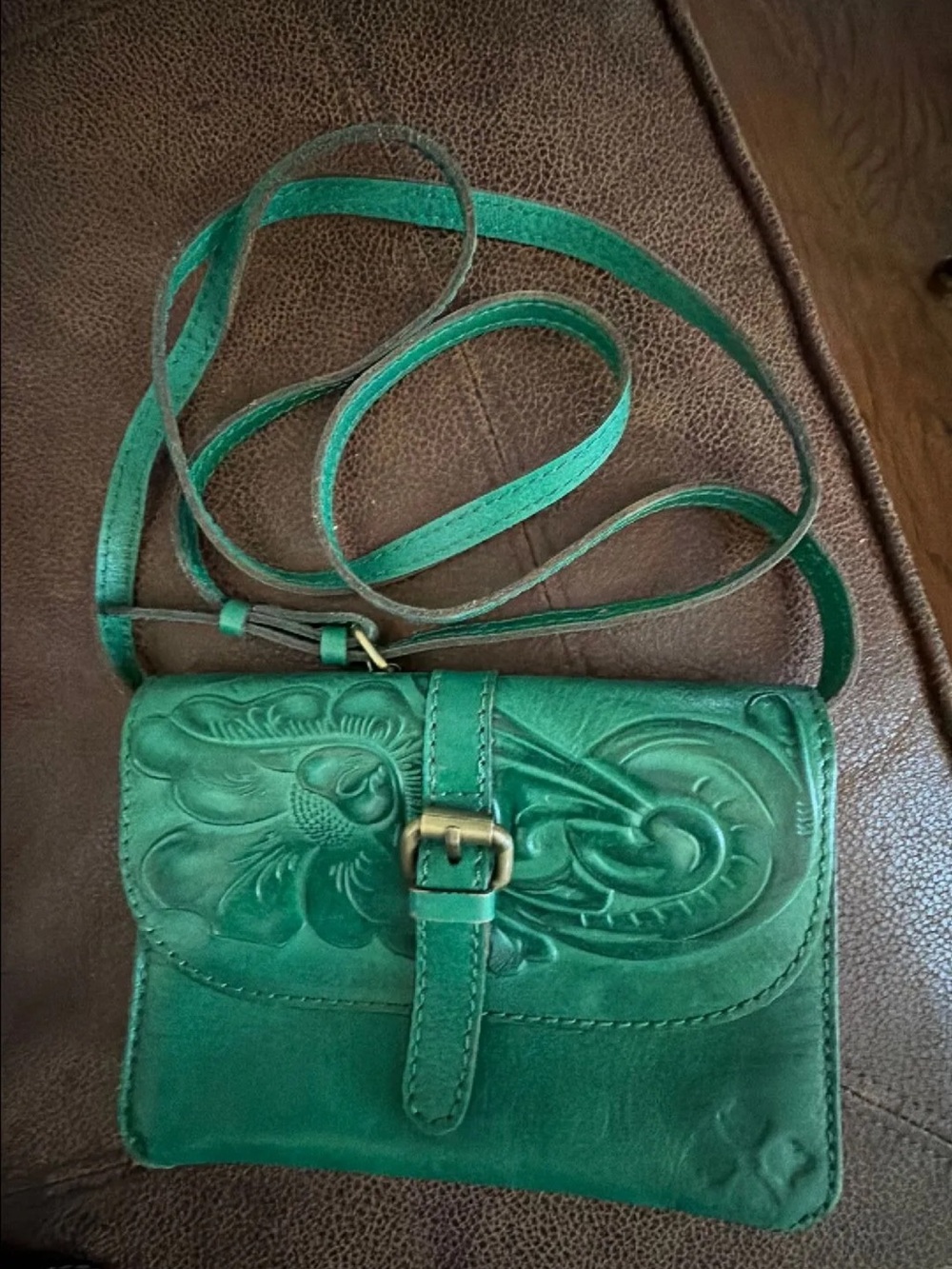 Patricia Nash Green Tooled Leather Crossbody Bag